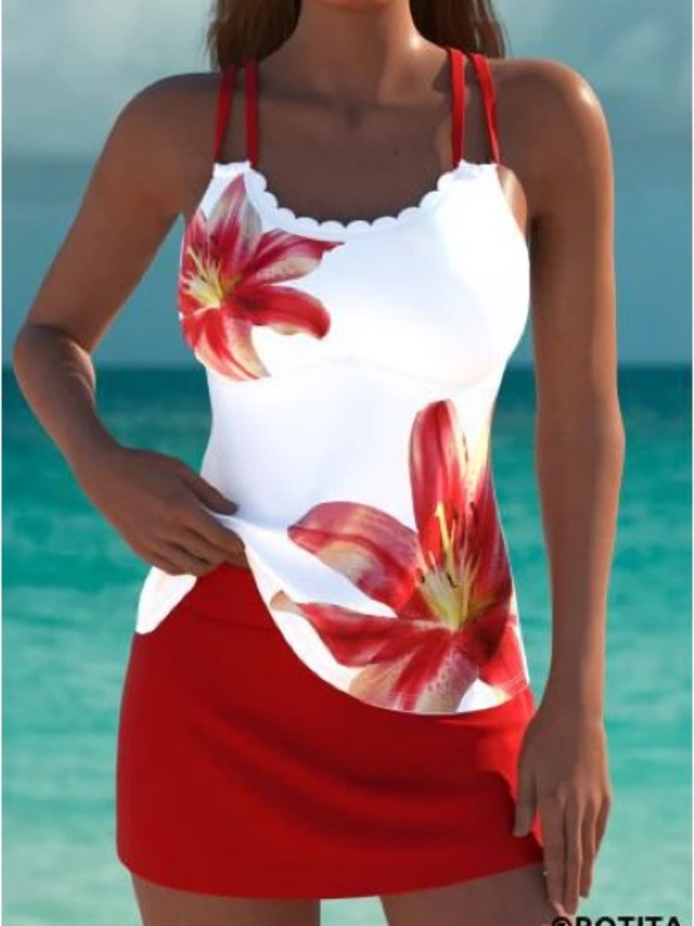 Floral White & Red Swim Cami — Women's Beach Top